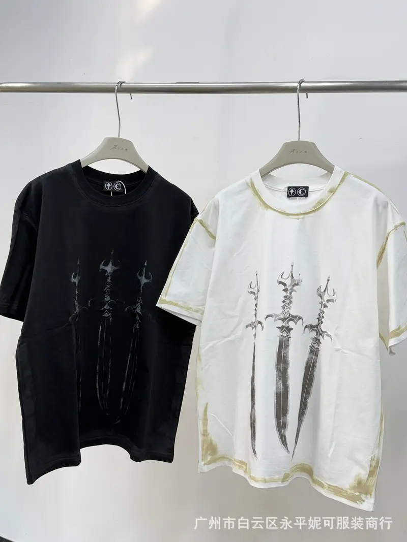 Thugclub Sword Dirty-Dyed Distressed Graffiti Print High Street Vibe Trendy Brand Loose Short-Sleeve T-Shirt