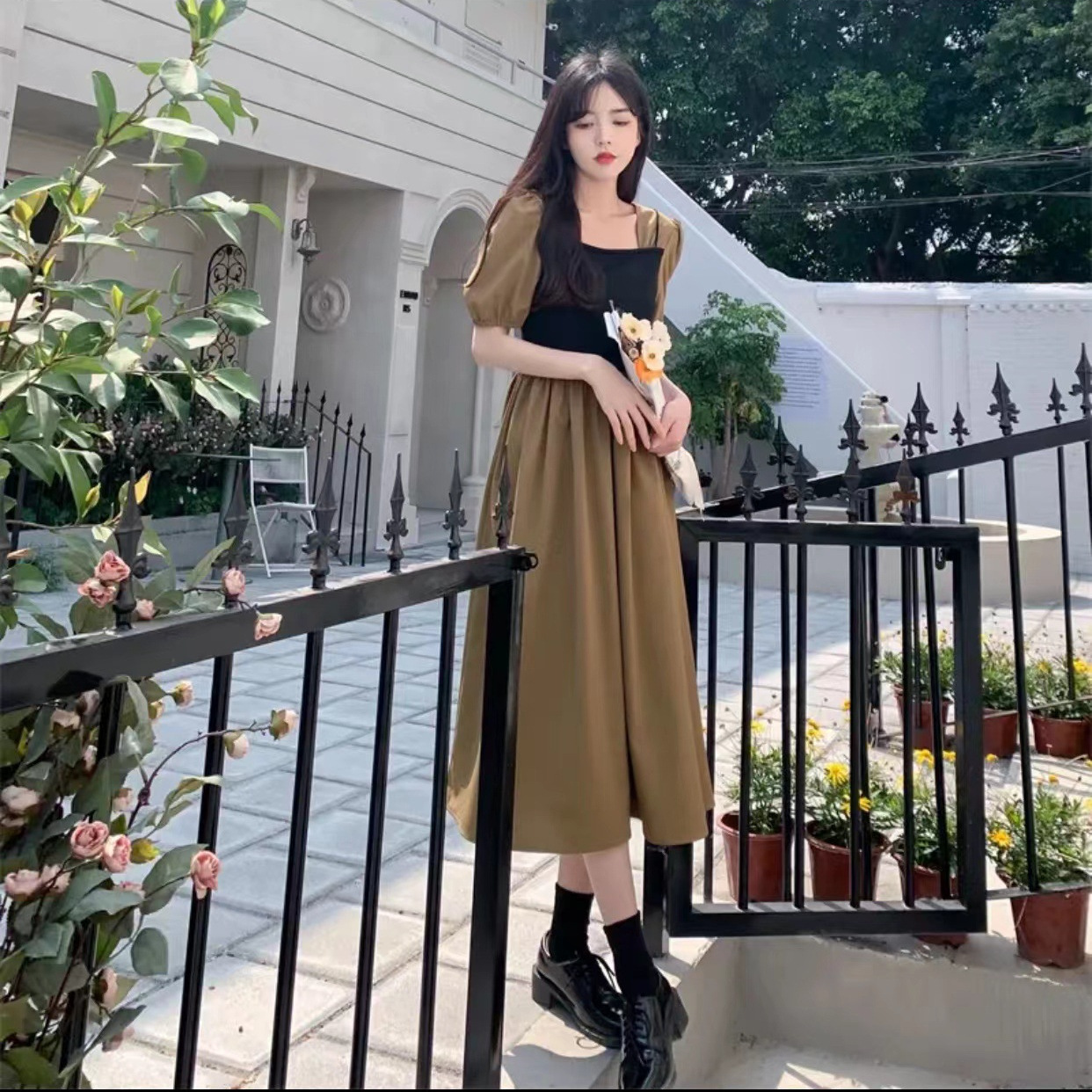 Gentle Style First Love Dress Summer 2025 New Women's French Fake Two-Piece Square Neck Long Fairy Dress