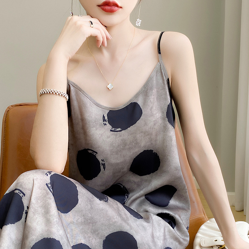 2024 Summer New Sling dress Women's Loose Slimming Polka Dot Printed Long Dress Acetic Acid Satin Dress