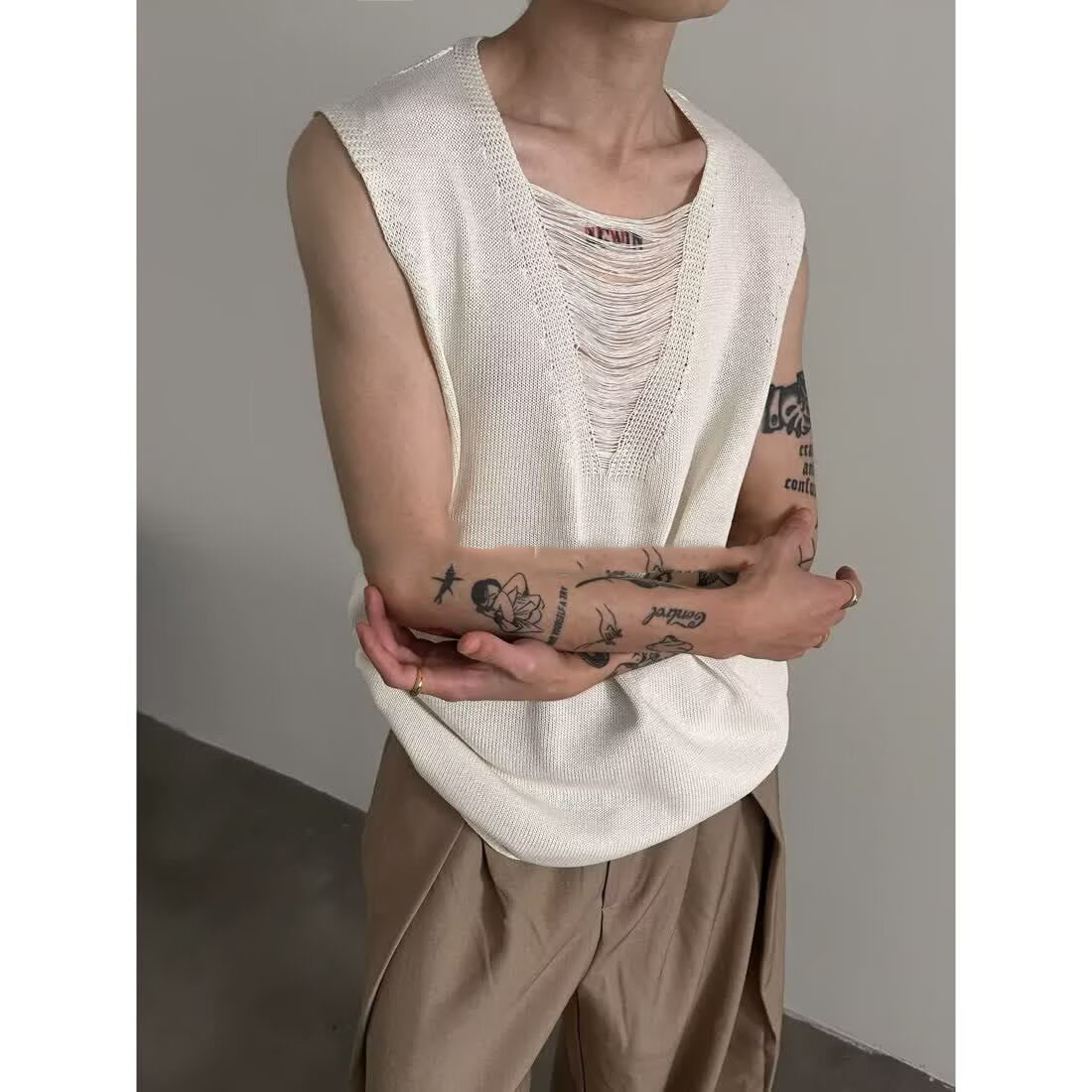 Casual Deep V-Neck Brushed Knit Vest for Men, Trendy See-Through Hollow Ice Silk Sleeveless T-Shirt with Large Neckline, Sleeveless Vest