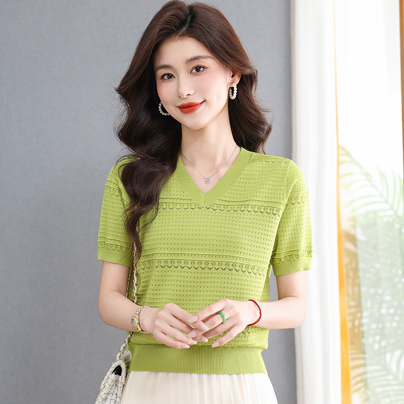 26Th Summer New French-Style Niche Hollow-Out Pure Cotton Round-Neck Knit Short-Sleeve T-Shirt with a Stylish Design for Outerwear