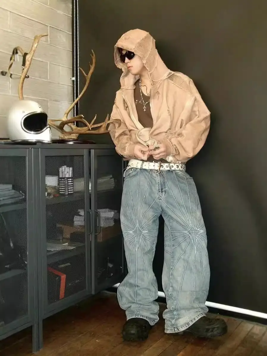 2024 New Park Jae-van Same Style Mid-waist Loose Jeans Men's Embroidered Washed Dipped Casual Wide-leg Pants