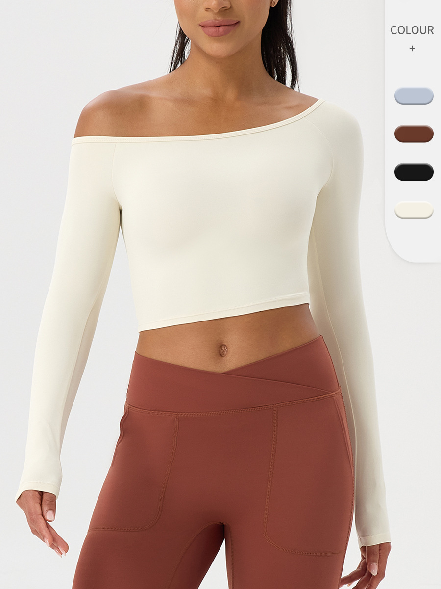European and American Style Yoga Long-Sleeve Women's Off-Shoulder Sexy Tight-Fitting Fitness Top, Naked-Feel Quick-Dry Sports T-Shirt 52566