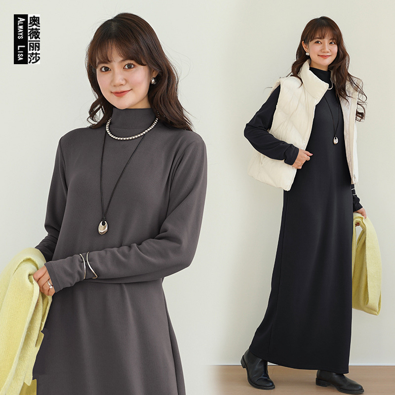 Cross-Border Japanese-Style Autumn and Winter Thermal Velvet Half-High Collar Long-Sleeve Dress, Brushed Warm Artistic Long Dress, Elegant Versatile Dress