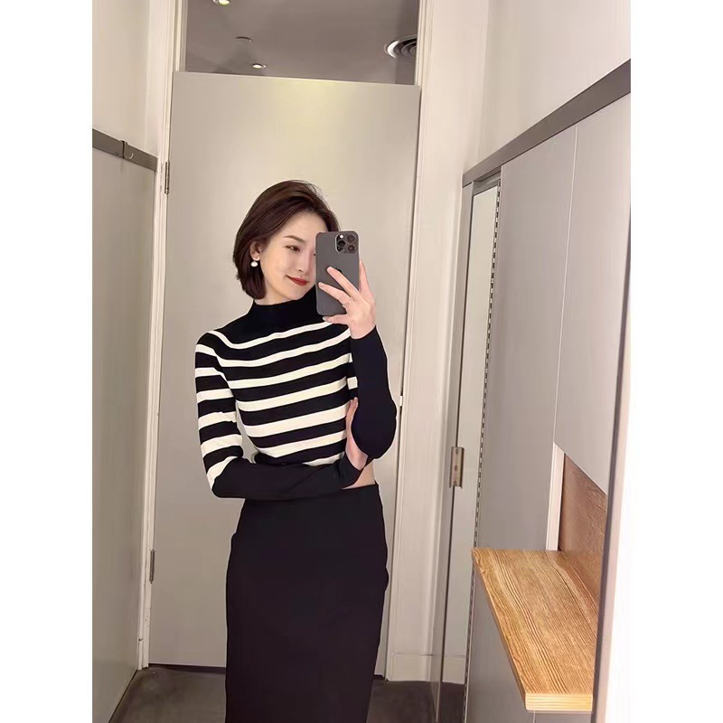 Cos Style Women's Spring New Slim-Fit Short Half-High Collar Black and White Striped Raglan Sleeve Long-Sleeve Top