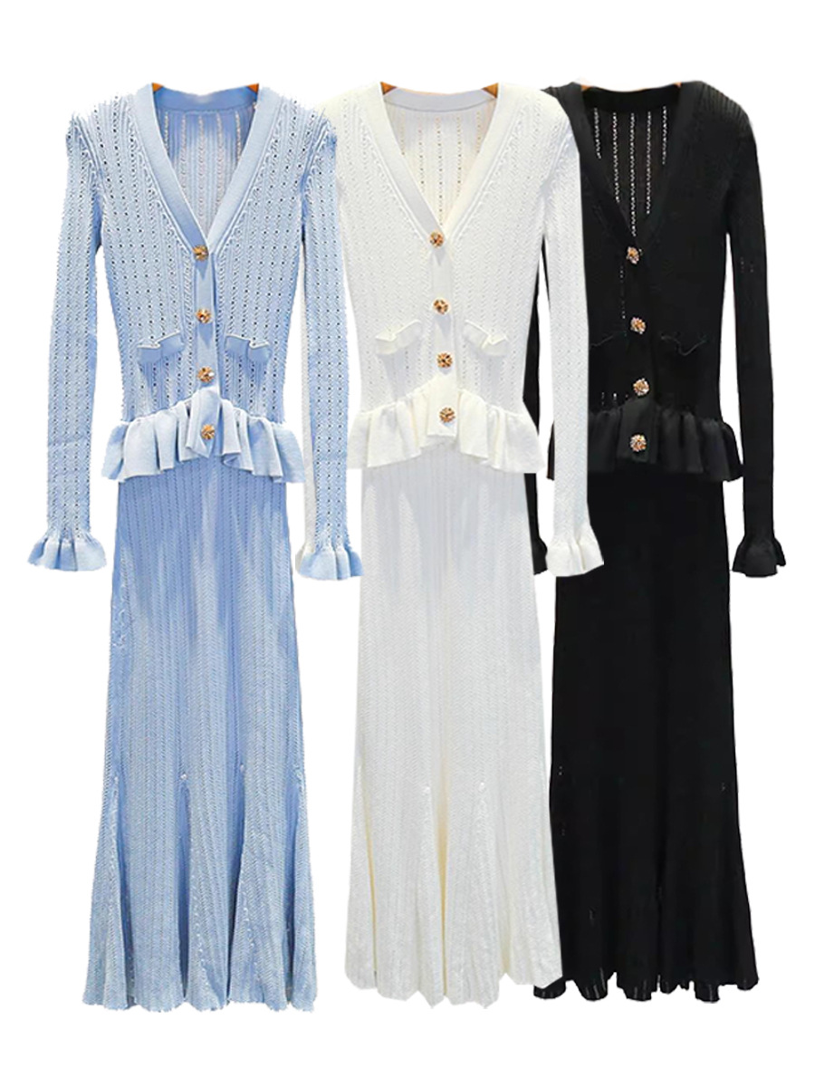 SP2024 Early Autumn New Fake Two-piece Long Knitted Fishtail Dress Long-sleeved Ear-edged V-neck Chanel Style Long Dress