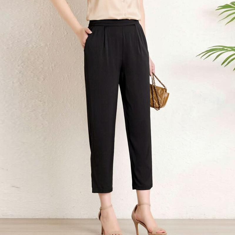 Silk Black Harem Pants for Women, Thin Summer High-Waisted Carrot Pants, Cropped Casual Pants, High-Quality Women's Slim-Fit Suit Pants