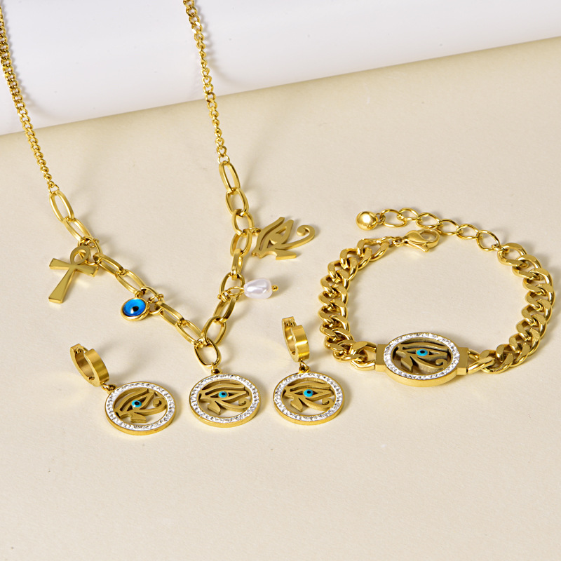 Cross-border Hip-hop Street-style Thick Necklace Round Diamond Eye Bracelet Casual All-match Distinctive Earring Buckle suit Women