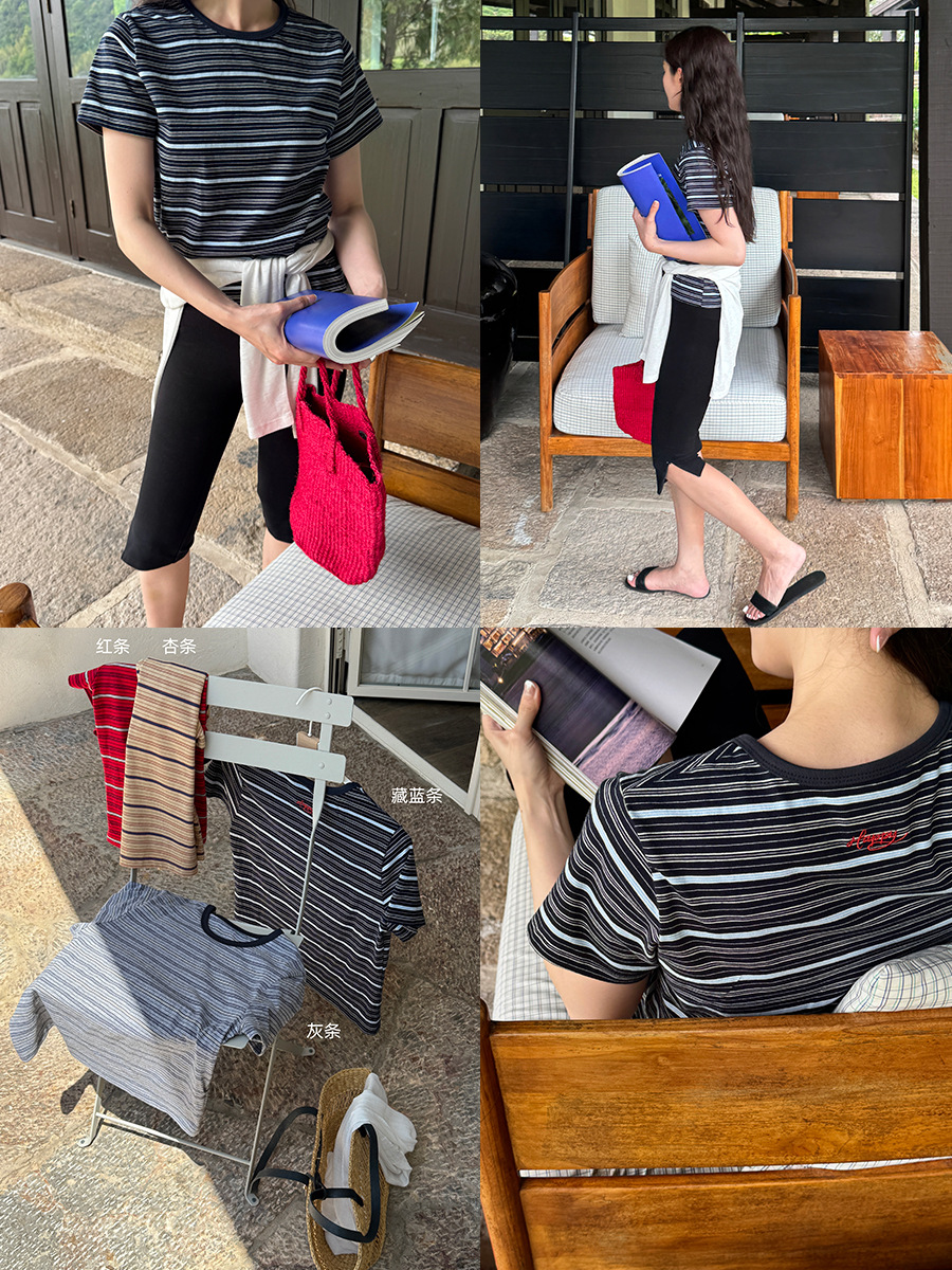 Timeless [South French Holiday] Exquisite Letter Embroidery Rolled-Edge Sleeve Vintage Striped Short-Sleeve T-Shirt Top for Women 31228