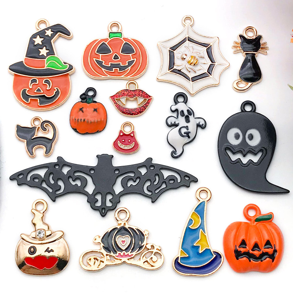 Cross-Border Popular Halloween Series DIY Alloy Dripping Oil Funny Pumpkin Cat Hat Earrings Pendant Jewelry Accessories