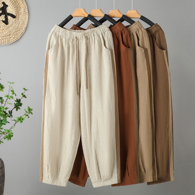 Artistic Retro Cotton and Linen Hallen Pants Color-matching Lace-up Casual Pants Loose Carrot Pants with Loose Loose Waist Design Sense Long Pants