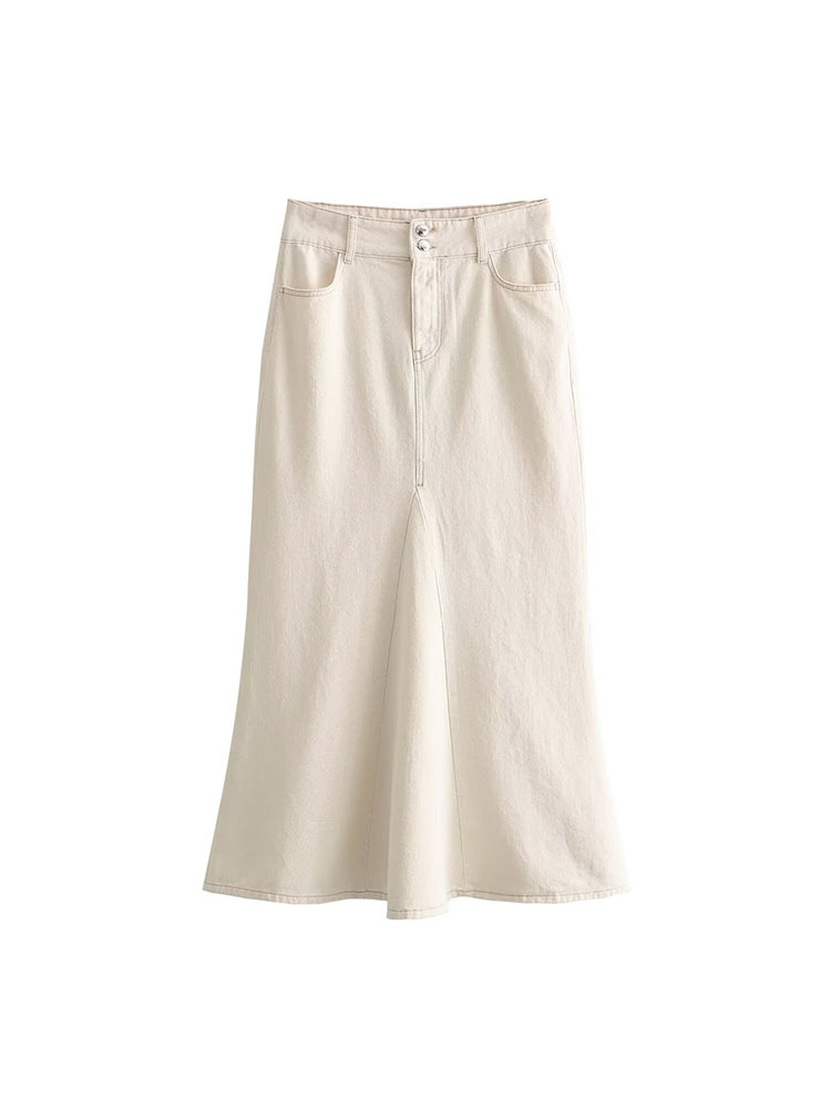 creamy-white High Waist Denim Skirt Women's Spring New Flesh Covering Slimming Mid-length A- line Fur Hip Skirt