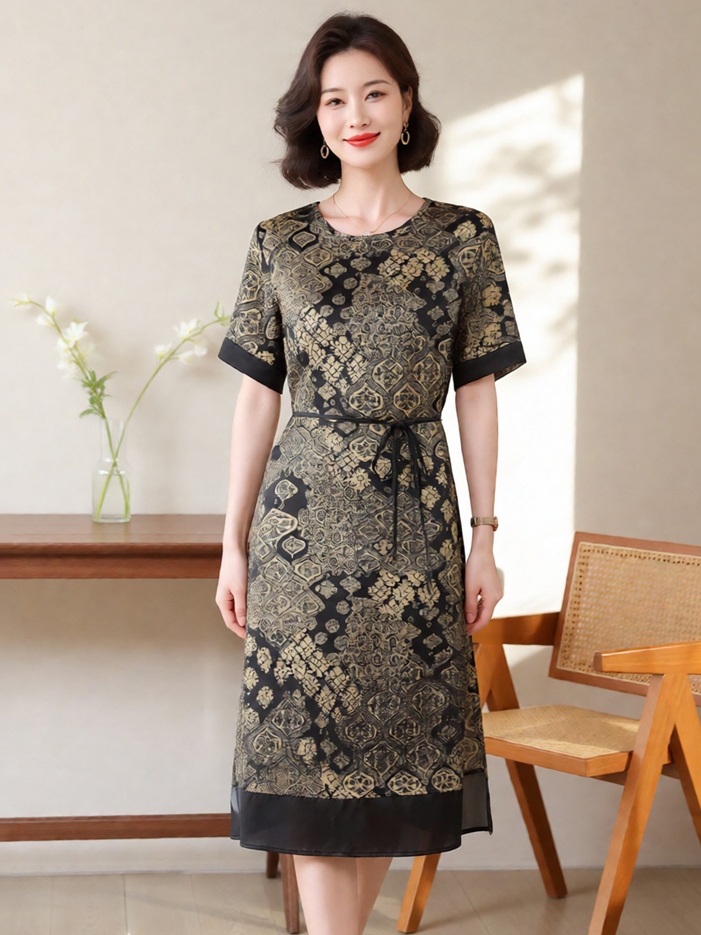 Heavy Silk Short-Sleeve Shirt for Women, 2026 New Summer Style, Round Neck Printed Mother's Wear, Mulberry Silk Mid-Length Dress