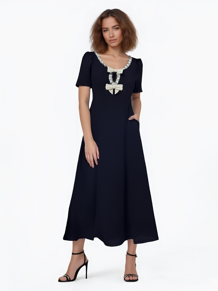 Elegant and Stylish Short-Sleeved Mid-Length Dress with Diamond Embellishments and Bow Decorations, 2026 New Summer Solid Color Dress