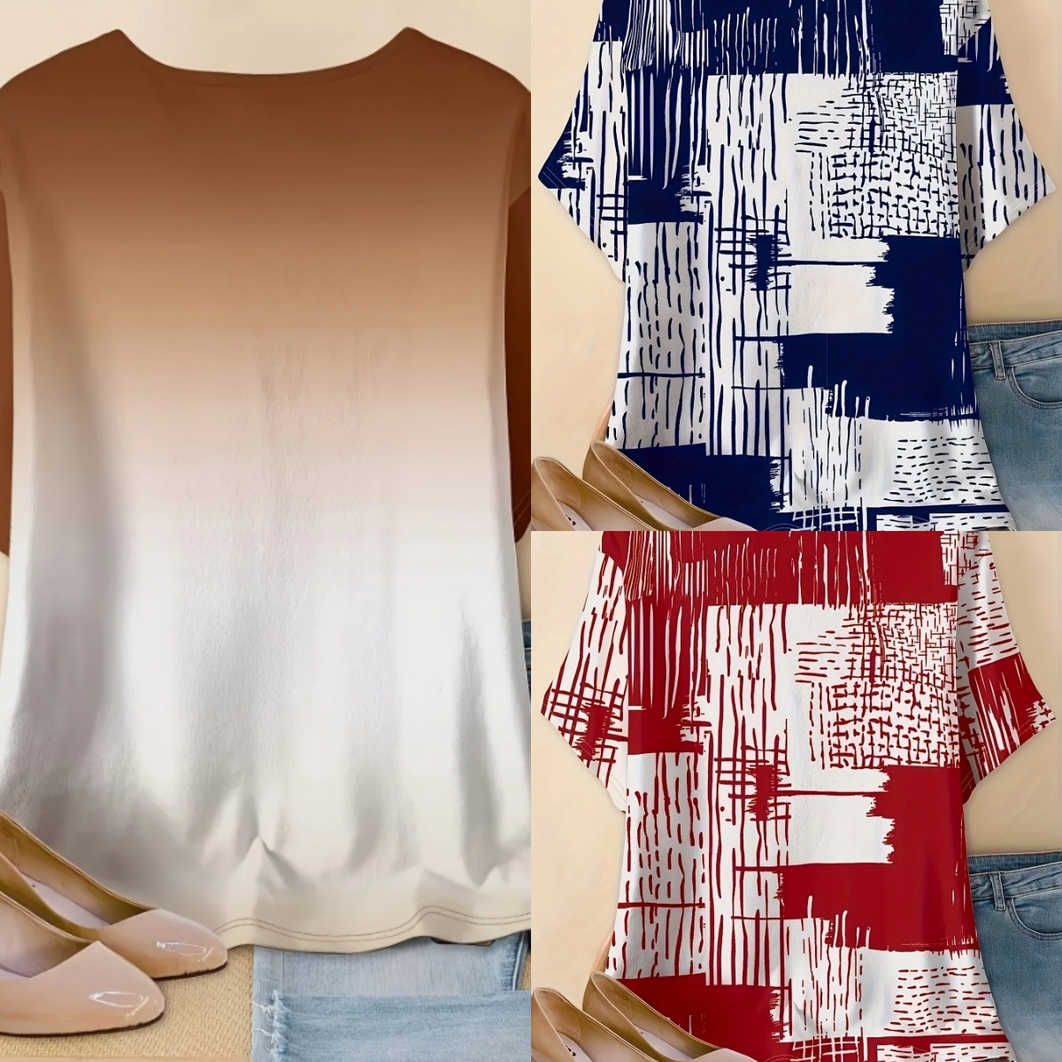 2025 Cross-Border European and American Summer New Casual Fashion Round Neck Pullover Top Gradient Short-Sleeved T-Shirt for Women