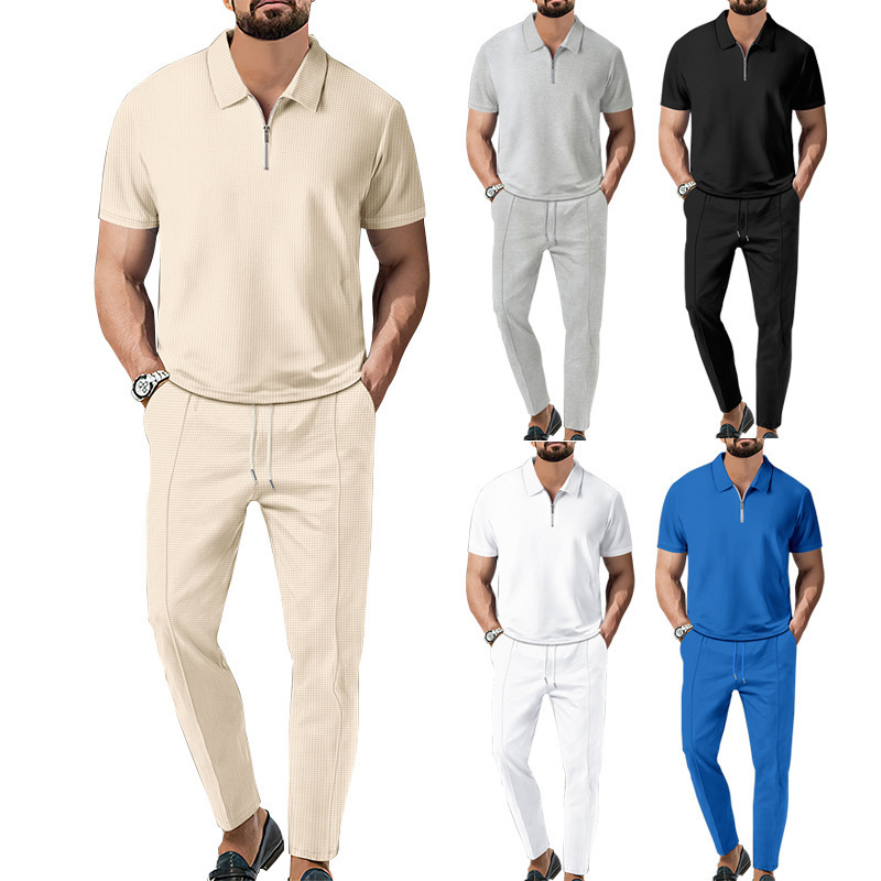 2025 Spring and Autum New European and American Export Men's Pure Color Suit Waffle Lapel Short-Sleeved Zipper Pants Suit