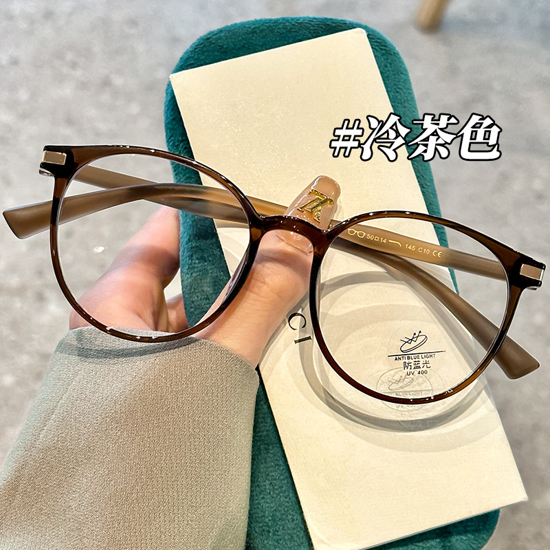 New ultra-light retro anti-blue light adjustable power large round frame flat lens for men and women face slimming myopia frame glasses