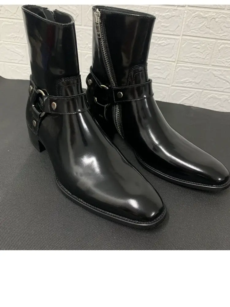 Men's Martin Boots for Autumn and Winter, Unique European and American Style, Pearlescent Top-Layer Cowhide, Pointed Toe, Fashionable Zipper Chelsea Buckle Boots, Trendy