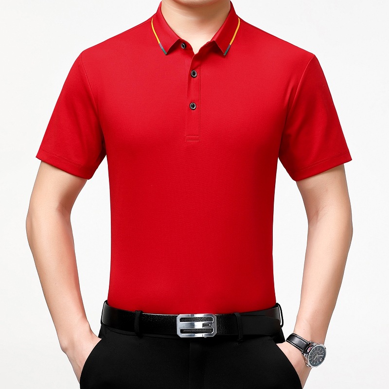 2025 Summer New Product Middle-Aged Men's Mulberry Silk Short-Sleeved T-Shirt with Lapel Casual Large Size Dad Wear T-Shirt