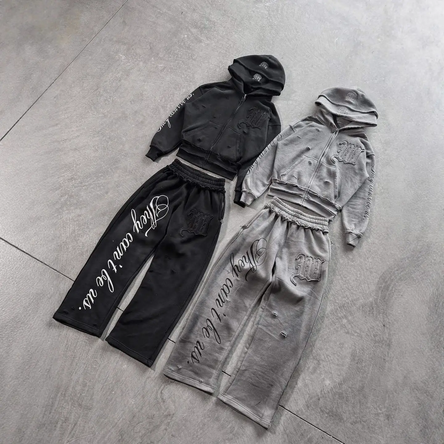 Autumn and Winter New Fashion Set Harajuku Ins Fashion Ripped Zipper Hooded Sweatshirt Casual Stretch Low-Waist Pants