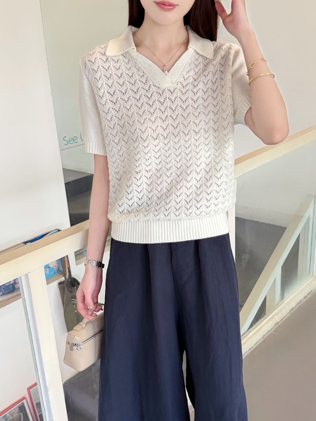 High-End mm Brand Short-Sleeve Pullover Knit Sweater with Hollow-Out Design for Women, New Spring 2026 Fashion Soft Sweater