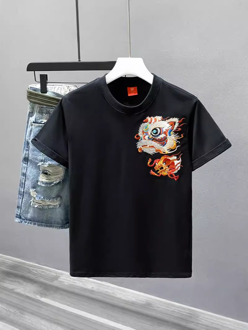 Awakening Lion Embroidered Short-sleeved T-shirt Men's Summer Casual Heavy Shoulder T-shirt Loose Trendy Chinese Style Top Clothes