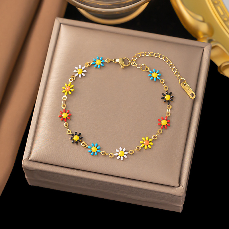Cross-border wholesale dopamine colorful flower vintage bracelet titanium steel Daisy necklace all-match dripping oil jewelry wholesale