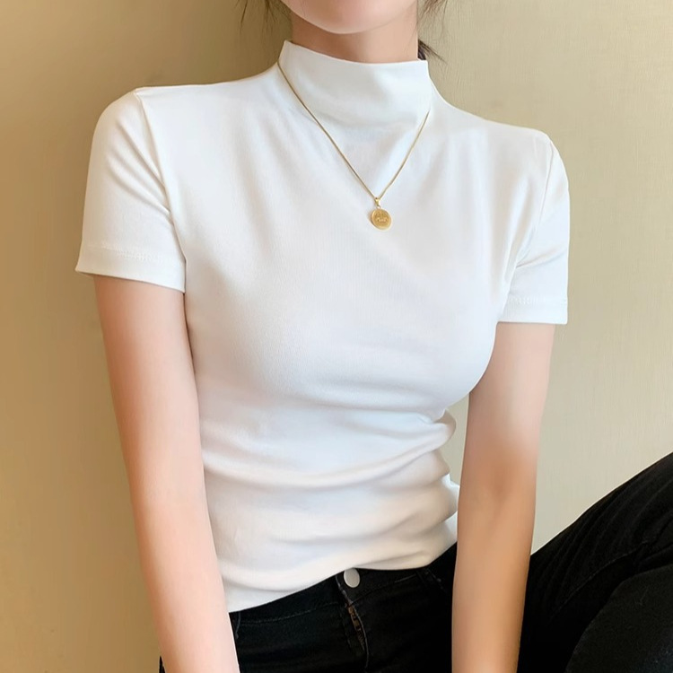 Half Turtleneck Short-Sleeved Bottoming Shirt for Women, Spring, Summer and Autumn Thin Pure Cotton T-Shirt, Slim-Fitting Shirt, Elegant Short-Sleeved Top
