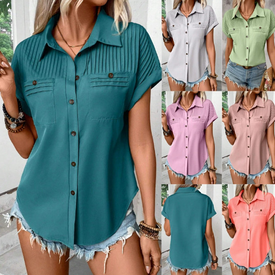 2026 European and American Cross-Border Trade Solid Color Button-Down Lapel Pleated Shoulder Pocket Raglan Short-Sleeve Top T-Shirt for Women