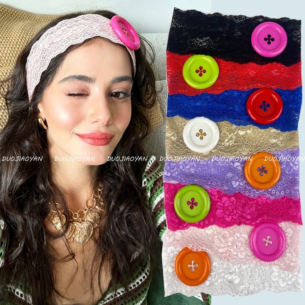 Summer Oversized Button Lace Headband, Trendy Hollow Lace Dopamine Color Headscarf, Travel Hair Accessory
