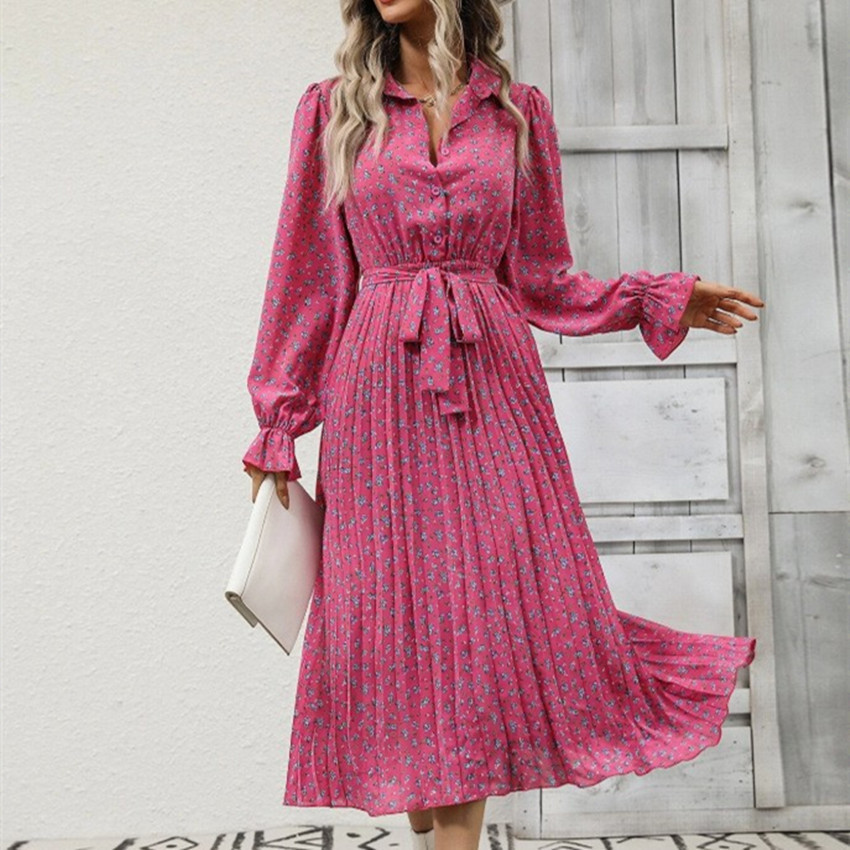 Dress 2026 Spring/Summer Cross-Border Women's Fashion Amazon European and American Foreign Trade Fashion Pleated Skirt Long Sleeve Flared Skirt