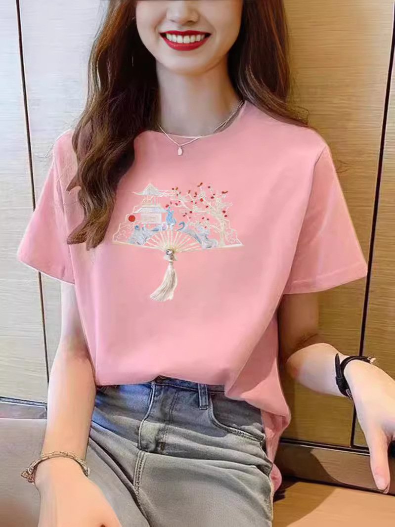 New Chinoiserie Pure Cotton Short-Sleeved Women's 2025 Summer New Style Right Shoulder T-Shirt Versatile Fashion Printed Half-Sleeved Top