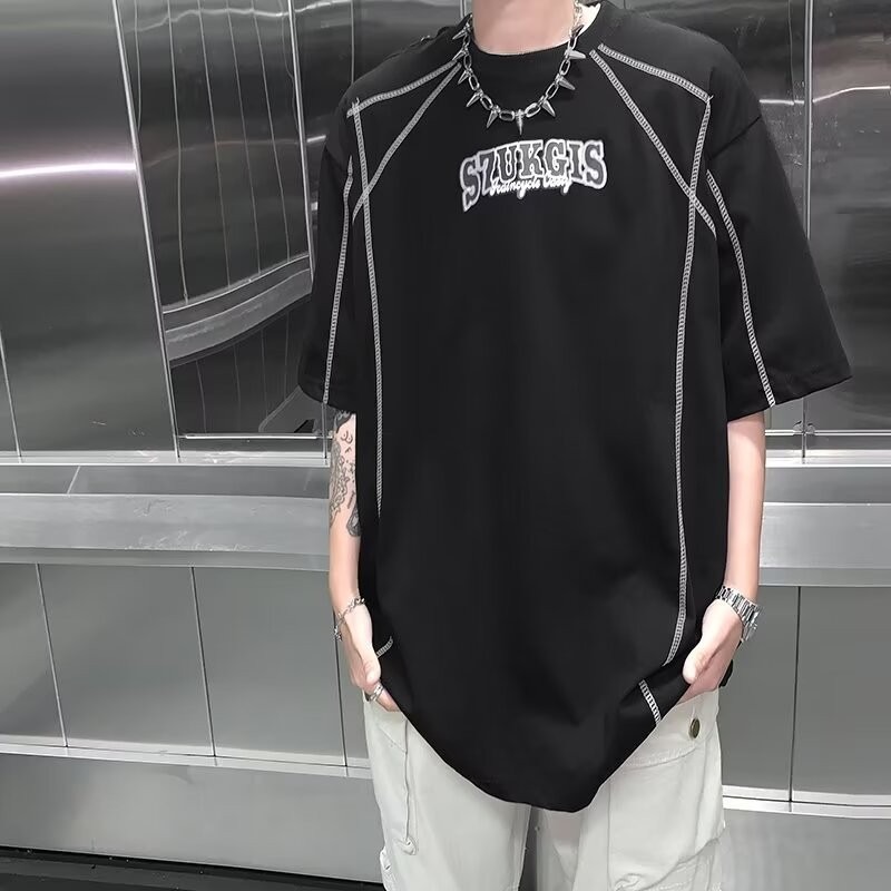 Men's Niche Design Sense Loose Half Sleeve Cotton T-shirt Teenager Summer Korean Style Ins Casual Trendy Top