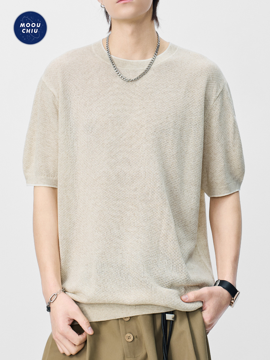 Muqiu Men's Wear | Textured Lyocell Linen Knitted Round Neck Short Sleeve T-Shirt for Men, Vintage Loose Casual Top