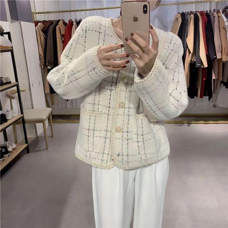 Maoning French Socialite Small Fragrance Imitation Mink Knitted Sweater Autumn and Winter New Plaid Loose Versatile Women's Outwear
