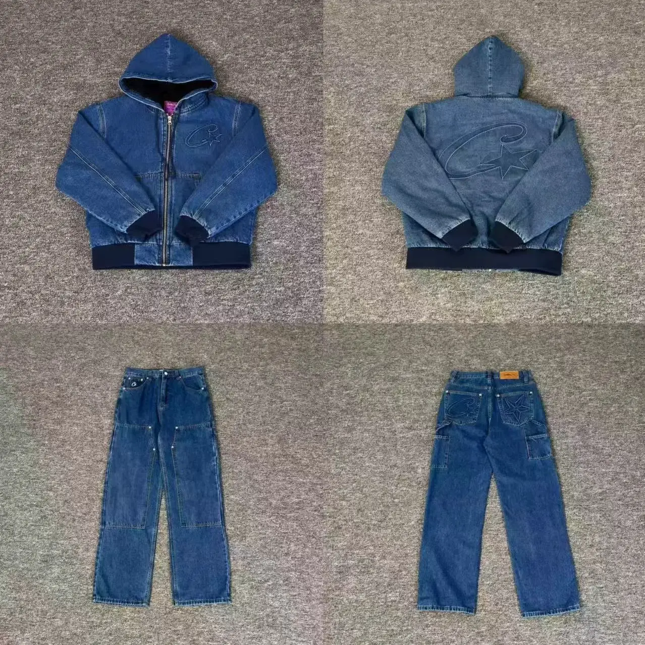 Trendy Devil's Island Letter Pentagram Logo Fleece Denim Jacket and Casual Pants Set