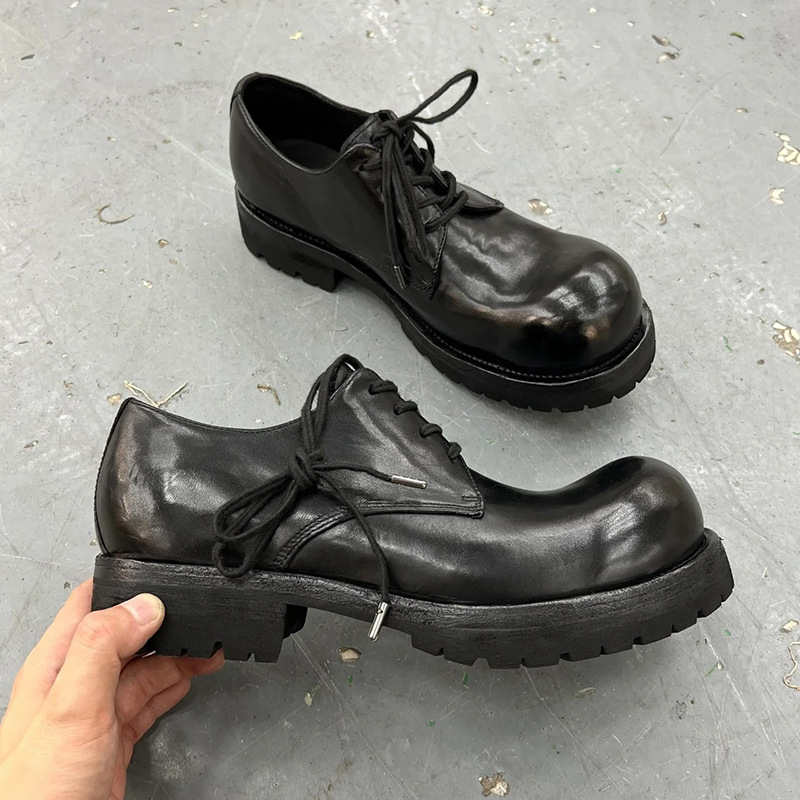 Top Plate Niche Men's and Women's Same Style Demand Goodyear Soft Leather Derby Shoes Washed and Distressed Retro Small Leather Shoes Loafers