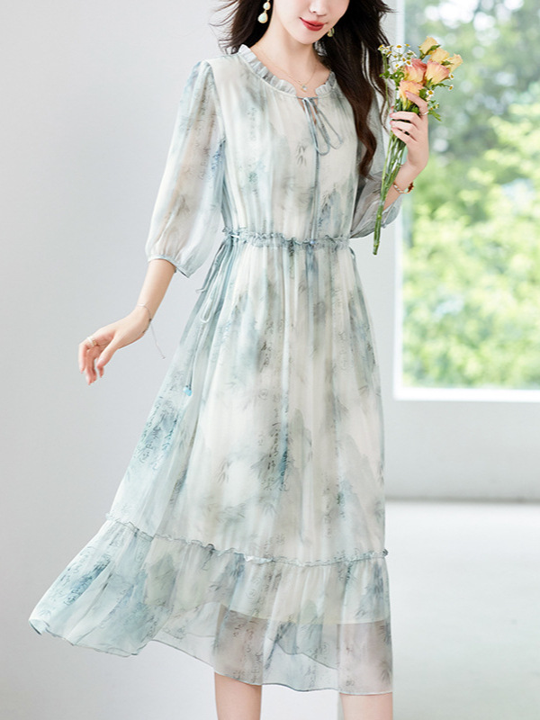 Light Luxury High-end Mulberry Silk dress Women's 2024 New Summer Design Sense Lace-up Elegant Printed Silk Skirt