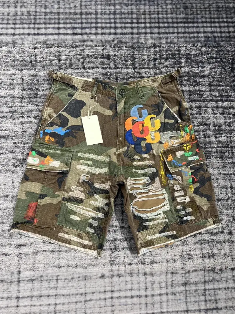 European and American Cross-Border Spring and Summer High Street Embroidered Trendy Brand Denim Shorts Hip-Hop Street Fashion Patchwork Ripped Heavy-Duty Shorts