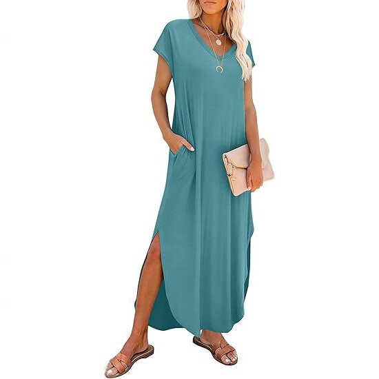 2026 Summer New European and American Cross-Border Style Loose V-Neck Solid Color Slit Long Casual Dress