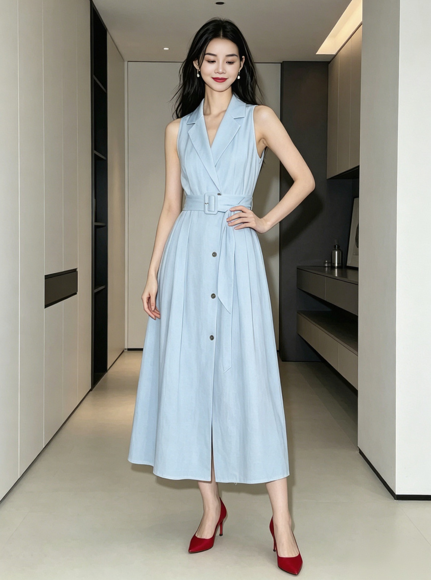 2026Max Same Style Enzyme-Washed Linen Dress with Sleeveless Suit Collar, Belt, and A-Line Long Skirt