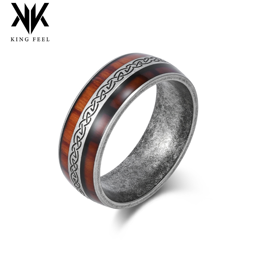 Retro Scandinavian Celtic Knot Inlaid Wood Grain Leather Titanium Steel Ring Irish Eternal Wedding Engagement Hand Jewelry