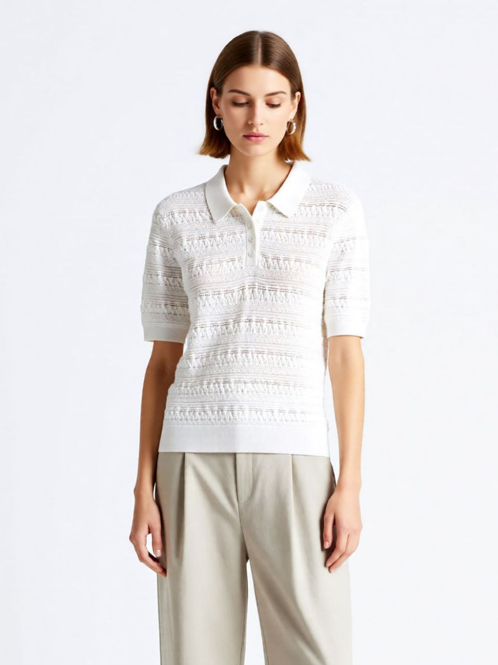Ya Qi Women's Summer New 100 Cotton Knitted Short-sleeved Women's White Polo Collar Hole Hollow Vintage French Top