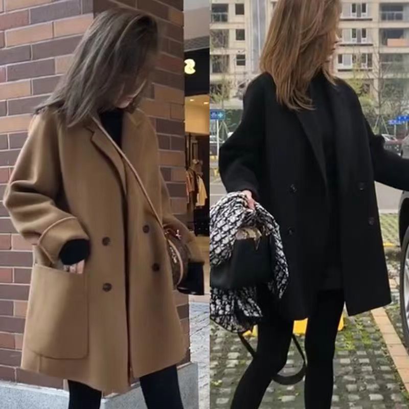 Korean style autumn and winter large pocket small woolen coat women's suit collar loose style mid-length woolen coat women