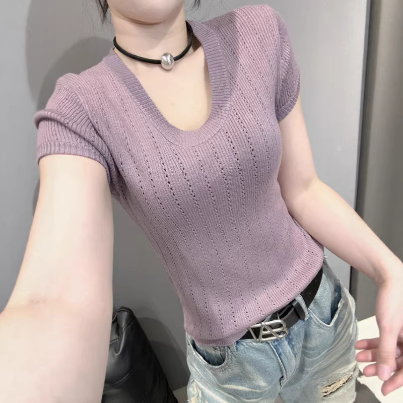 U-Neck Ice Silk Short-Sleeve Knit Top for Women, Summer New European Style, Stylish Slim Fit, Stretchy Versatile Cable Knit Hollow-Out Top