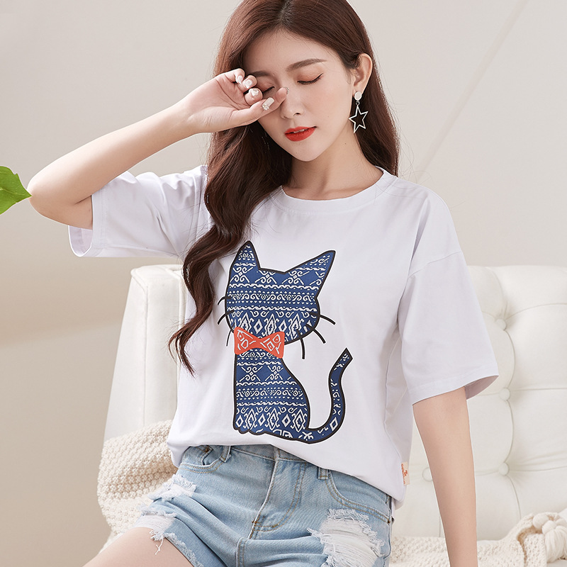 2026 Early Spring Korean Style Loose-Fitting Cat Pattern T-Shirt