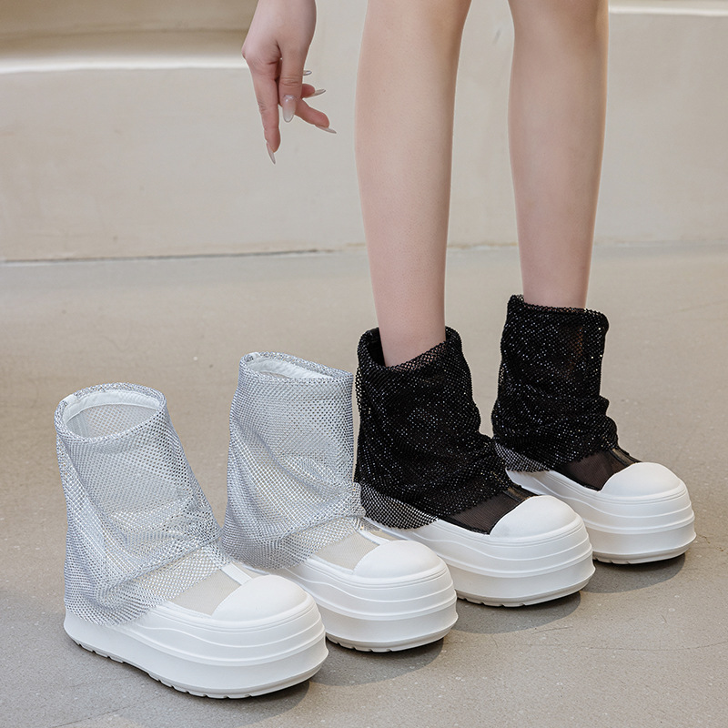 Summer New Style Rhinestone Mesh Boots for Women 2026 Spring and Summer Breathable Mesh Double-Layer Design Thick-Soled Women's Shoes Niche Versatile Trendy