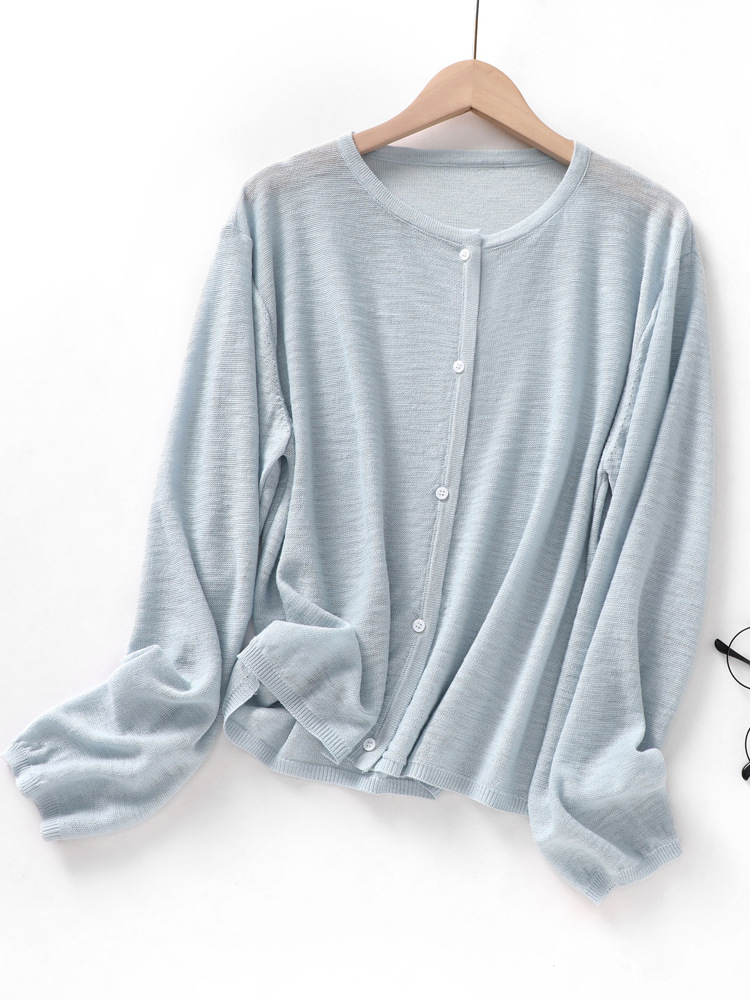Slub Sweater Women's Crewneck Cardigan Thin Outer Blouse Summer Long-sleeved Western-style Sunscreen Air-conditioning Shirt