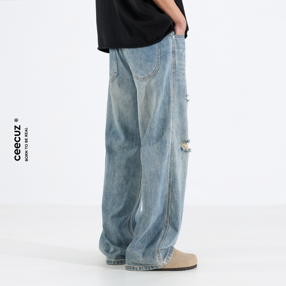 Ceecuz Summer Thin Ripped Jeans Men's American Retro Vintage Loose Wide-Leg Large Straight Pants