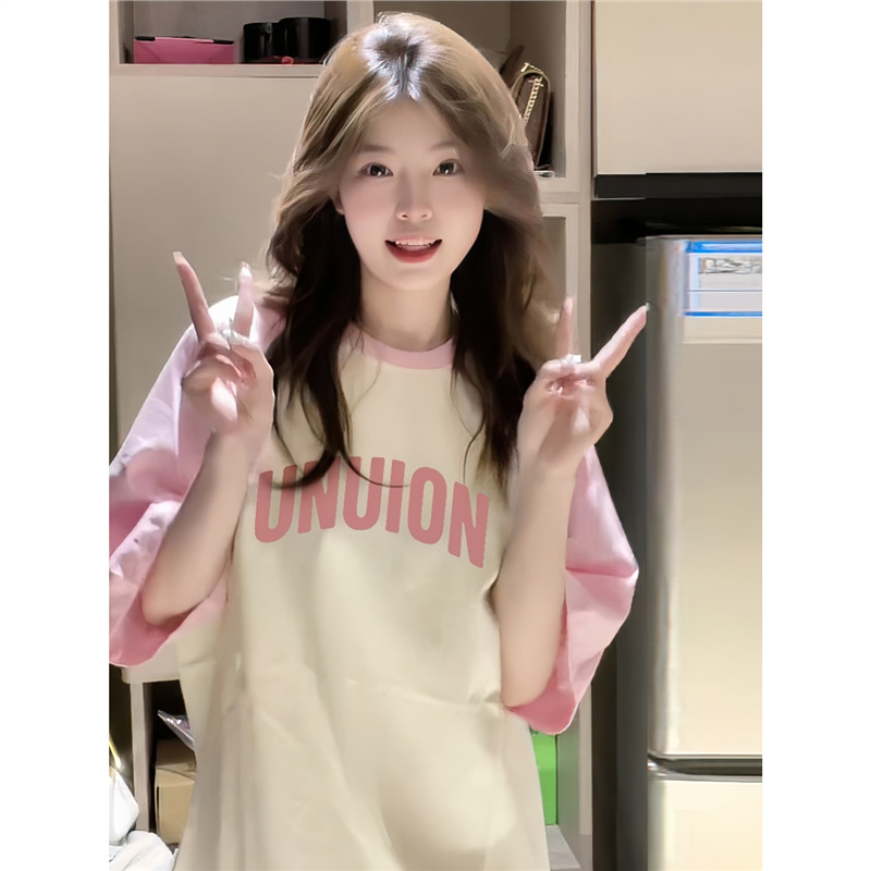Girls, Junior High School and High School College Students, Loose Cotton Large Size Tops, Summer Wear Pink Raglan Short-Sleeved T-Shirts